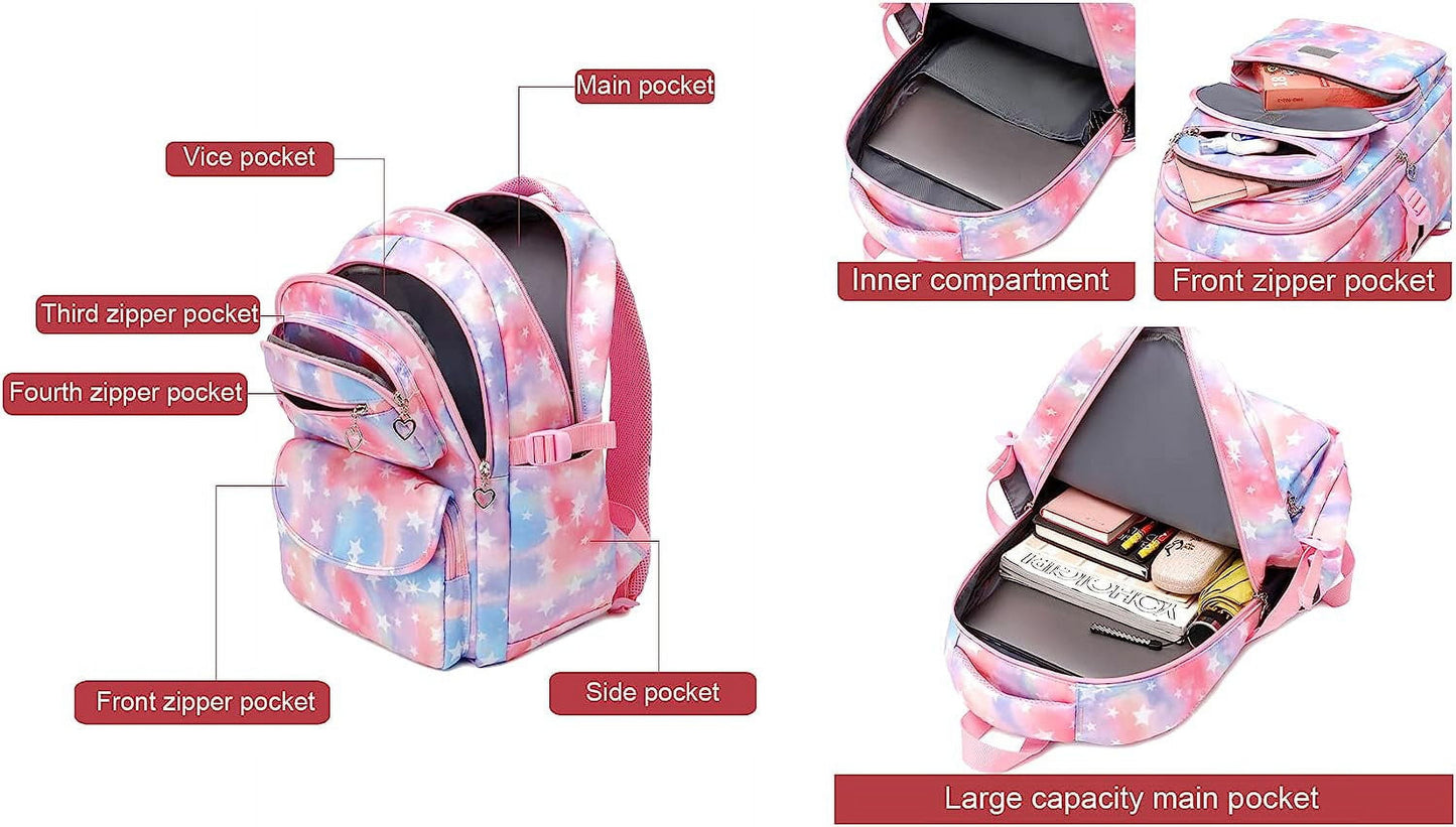 Girls Backpack with Lunch Bag and Pencil Case, Star Printed Kids School Backpack Set, Lightweight School Bag Children Bookbag for Elementary Middle Students, Pink