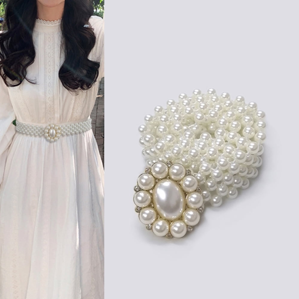 Women Elegant Faux Pearl Flower Rhinestone Dress Elastic Belt , Party Dress Waistband Bead Wedding Sash Girl Waist Chain