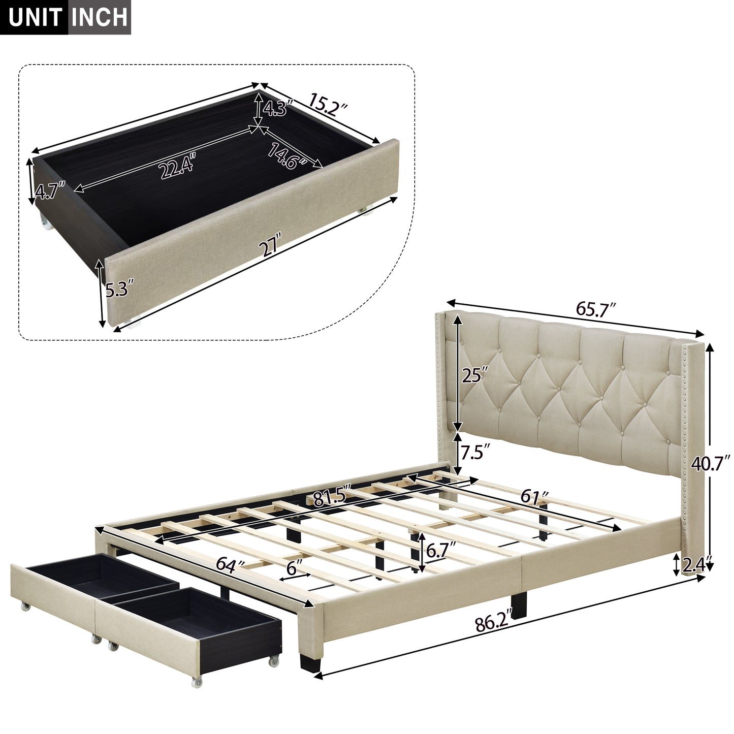Queen Size Platform Bed Frame, Modern Storage Bed Frame with Button Tufted Upholstered Headboard and 2 Storage Drawers, Beige