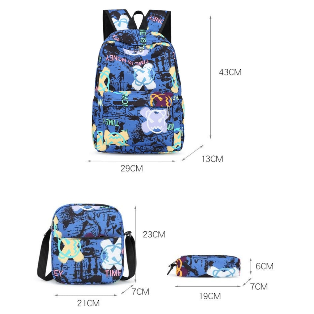 Kids Backpack Set, Graffiti-printed School Bag for Teens Boys and Girls, Elementary Middle School Bookbag Set with Crossbody Bag and Pencil Case, Blue