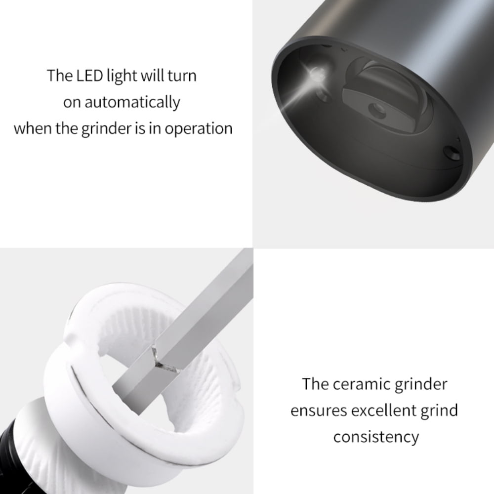 Electric Salt and Pepper Grinder Set, Automatic Salt & Pepper Mill Refillable with Charging Base, USB Cables, 2 Adjustable Coarseness Mills, One Hand Operation, LED Light