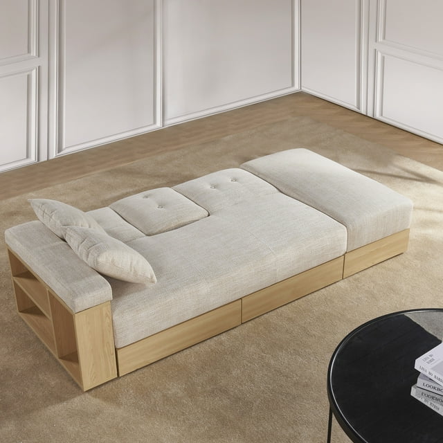 Convertible Sofa Bed, Multi-functional PU Leather Couch with 2 Pull-out Storage Drawers and Box, Small Space Sofa for Living Room, Beige