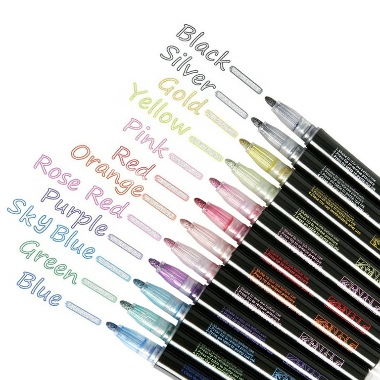 Double Line Outline Markers, 12 Colors Super Squiggles Metallic Markers Pens Self-Outline Writing Drawing Pens for Party, Birthday Greeting, DIY Art Crafts