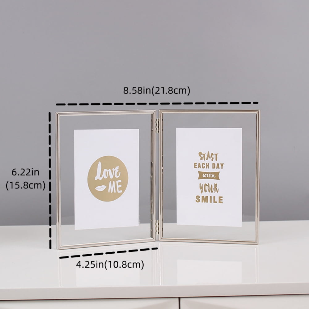 4x6 Picture Frame Double Hinged Metal Picture Frames with High Definition Glass, Opening Folding Vertical Stand Tabletop Photo Frames, Silver