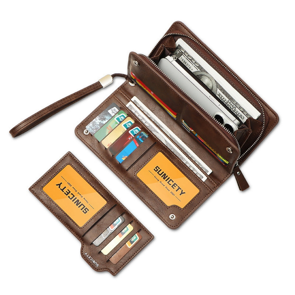 Tyethy Long Wallet for Men, Large Capacity Zipper RFID Blocking Leather Wallet Multifunctional Passport Wallet with Removable Card Holder for Business Travel, Brown