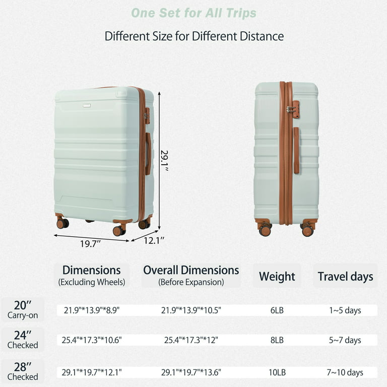 3 Piece Luggage Set Hardside Expandable Suitcase Luggage Set with Spinner Wheels and TSA Lock, 20in24in28in, Gray Green