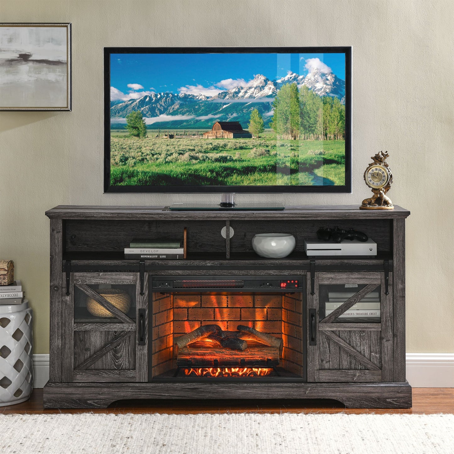 Fireplace TV Stand for TVs up to 65", Modern Farmhouse Entertainment Center with Electric Fireplace Inserts Storage Cabinet and Adjustable Shelves for Living Room, Gray