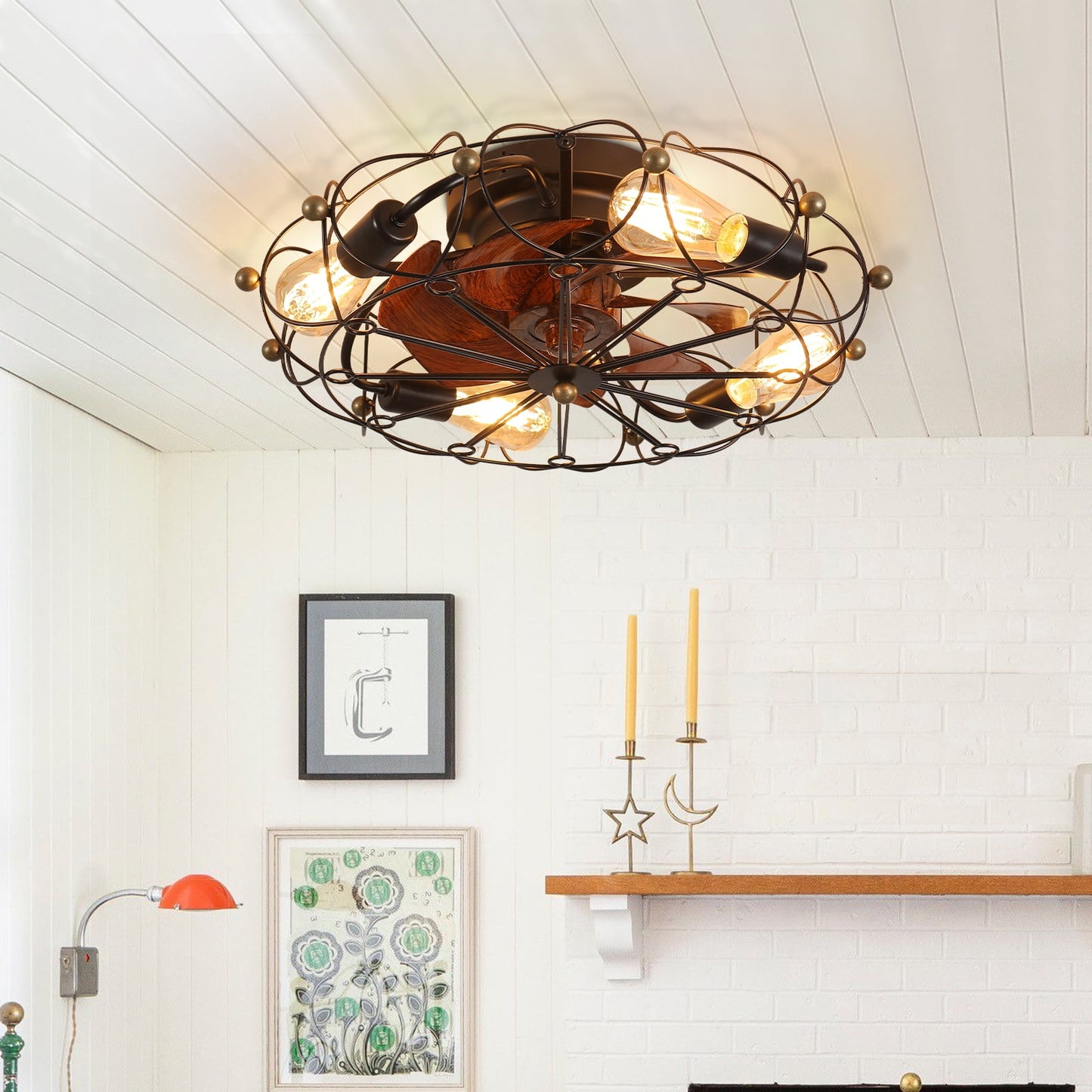 Low Profile Caged Ceiling Fan with Lights Remote Control, Embedded Modern Industrial Farmhouse Ceiling Fan for Bedroom, Kitchen, White