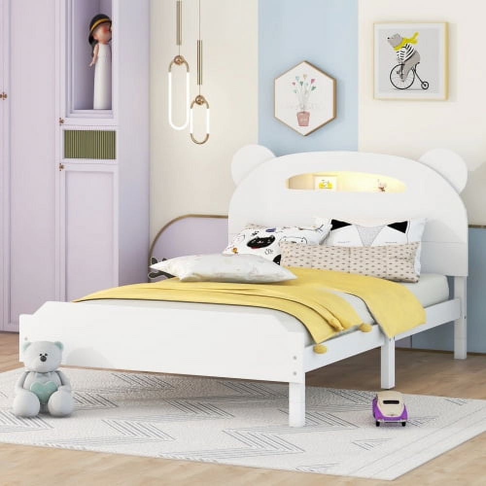 Full Size Wood Platform Bed with Bear-shaped Headboard,Bed with Motion Activated Night Lights,Cream+Walnut