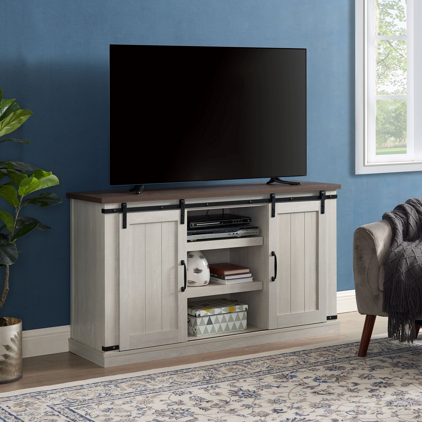 Classic Farmhouse TV Stand Transitional for TV Up to 60" ,Home Storage Table TV Cabinet, Light Gray