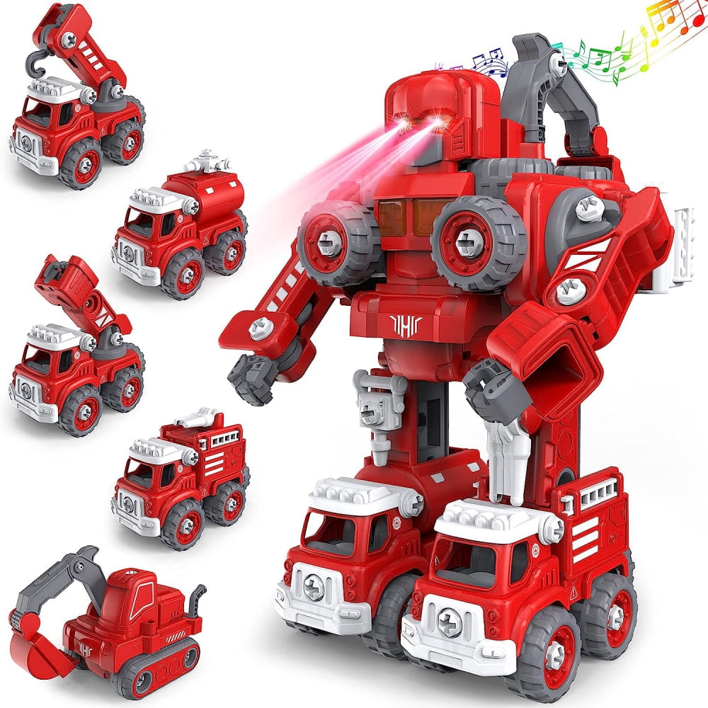 Children's 5-in-1 Fire Truck Set, Children's STEM Toys, Transformers, DIY Robots, 4, 5, 6, 7, 8 Year Old Children's Fire Toys, Fire Carrier Toy Trucks Set Children's Christmas Birthday Gifts