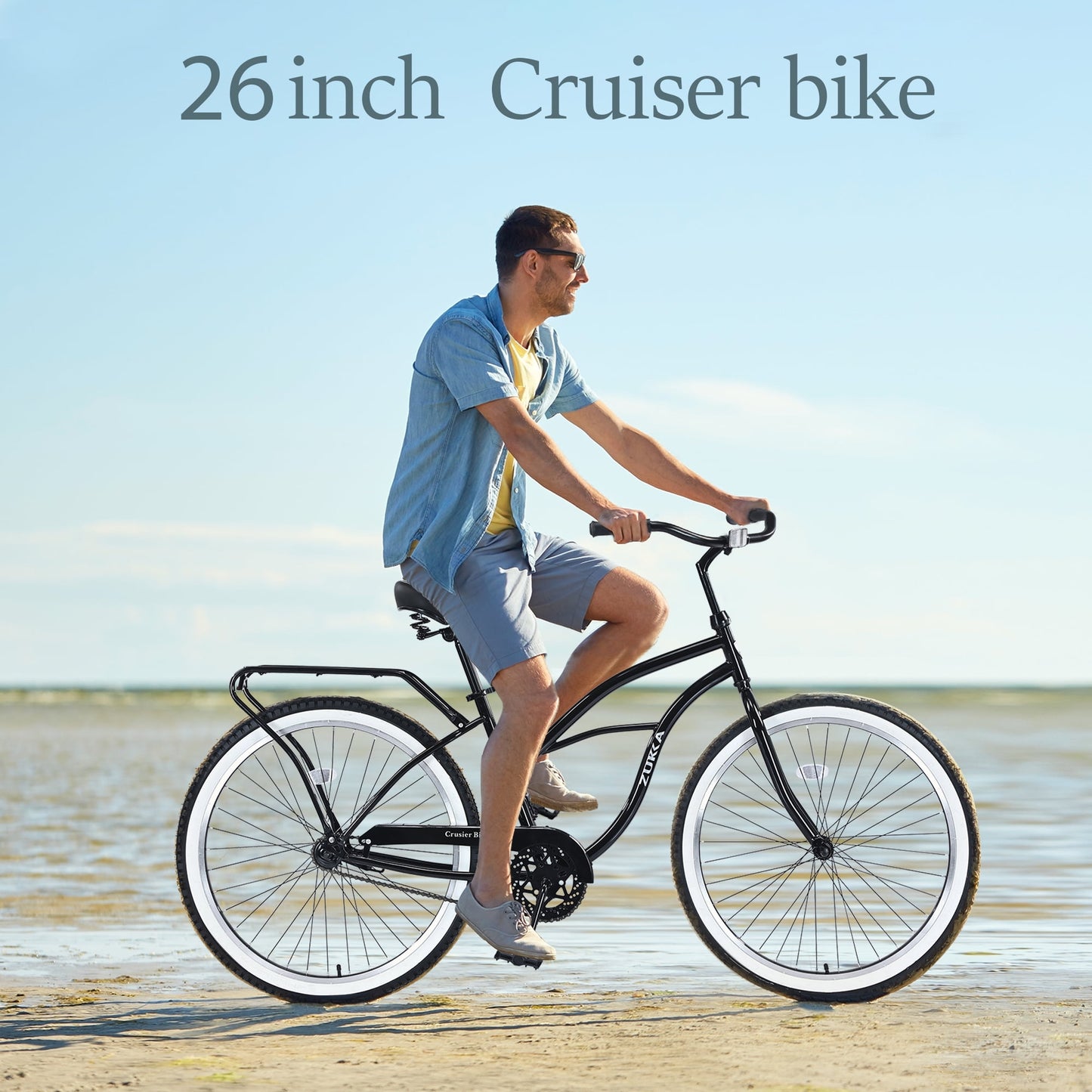 26" Cruiser Bike Single Speed Steel Frame Adults' Bicycles, Men's Beach Cruiser Bike with Rear Coaster Brakes, Black