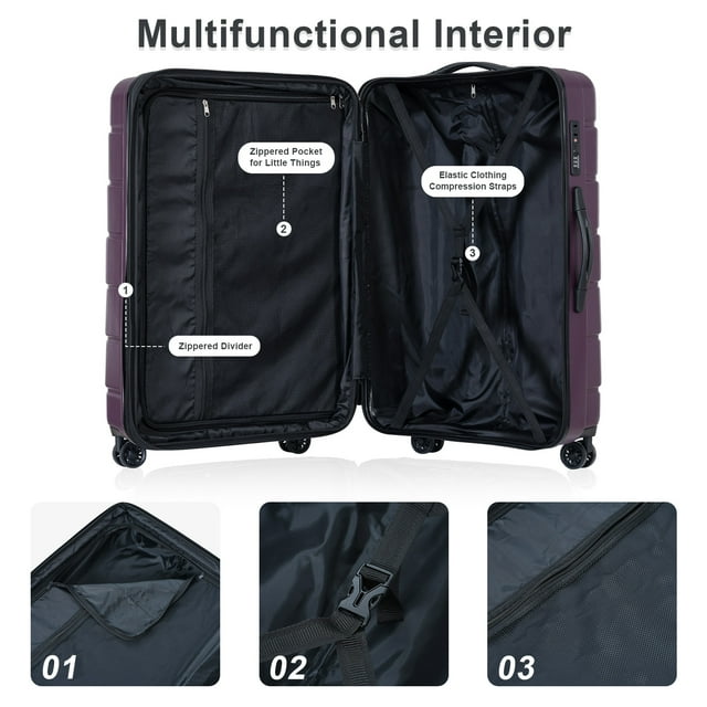 Luggage Set, 3 Pcs Expandable ABS Hardshell Suitcase Luggage Set with Spinner Wheels TSA Lock for Travel Business, 20"24"28", Deep Purple