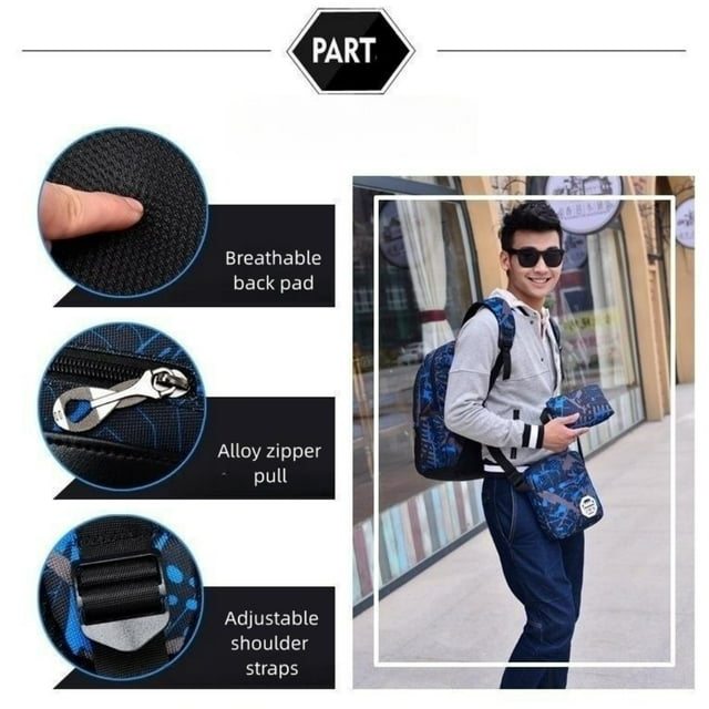 Tyethy School Backpack Boys School Bag Set with Crossbody Bag and Pencil Case, 3-in-1 Kids Bookbag for Elementory, Blue