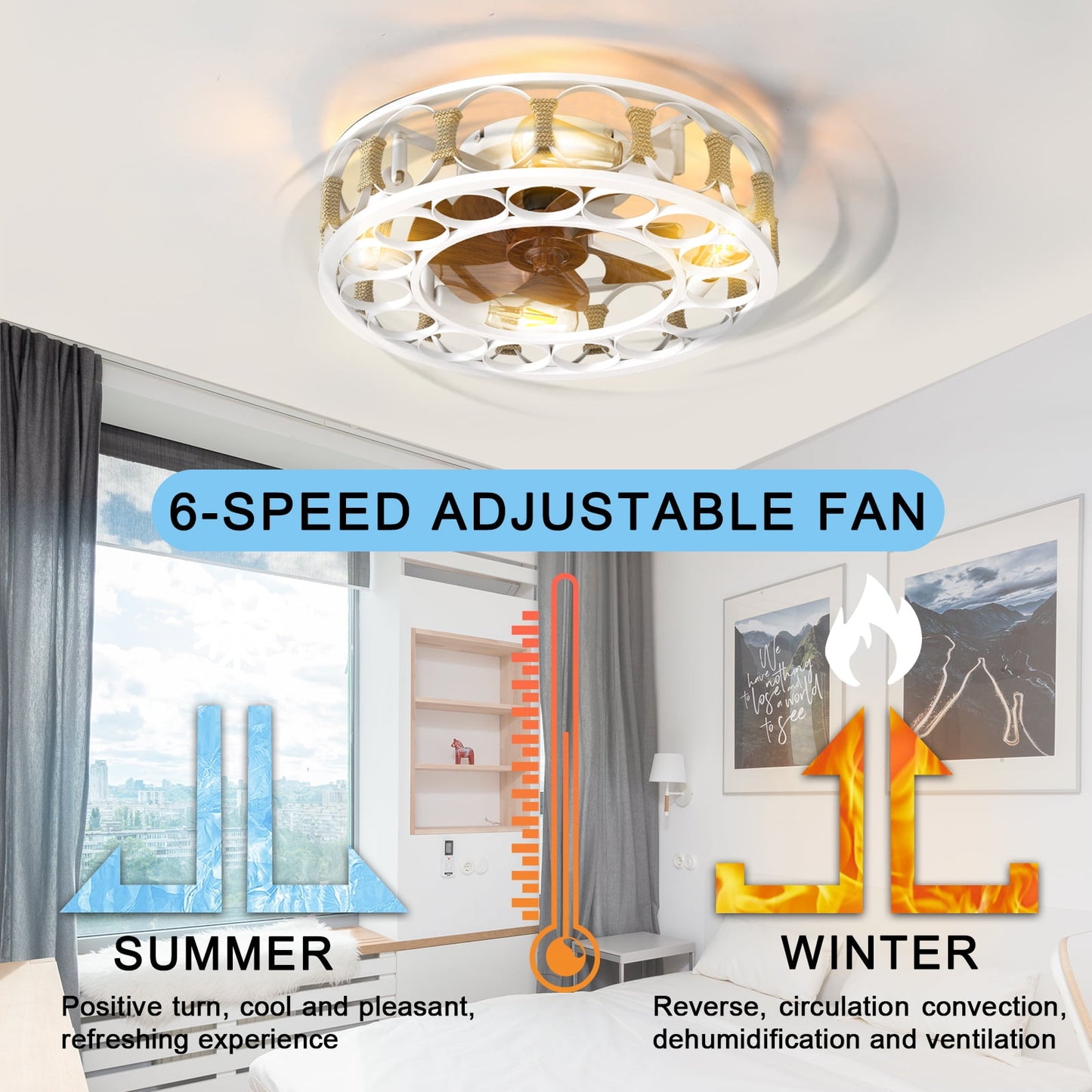 Flush Mount Ceiling Fan with Lights Remote Control, Indoor Retro Low Profile Caged Ceiling Fan with 5 Blades for Living Room, Bedroom, Kitchen