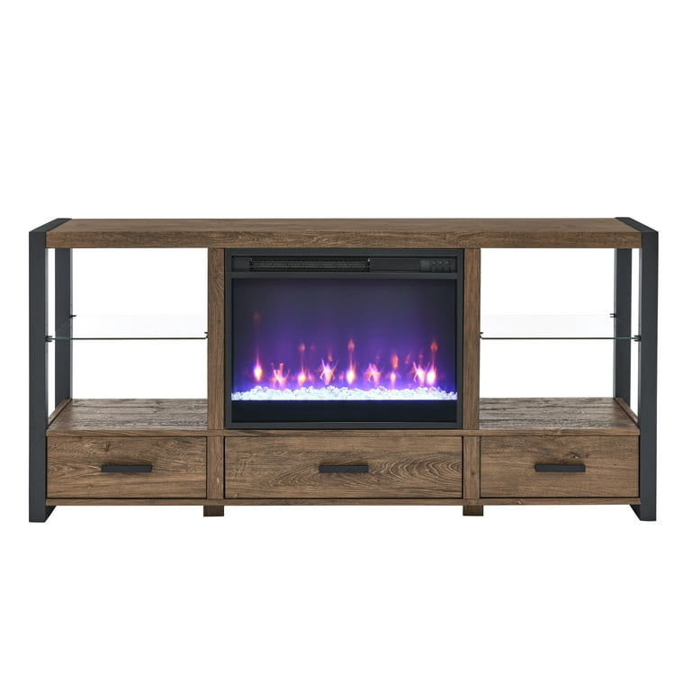 Fireplace TV Stand, 60" Entertainment Center with 23" Electric Fireplace, Farmhouse TV Stand Industrial Media Console with Sync Colorful LED Lights, Wood Brown