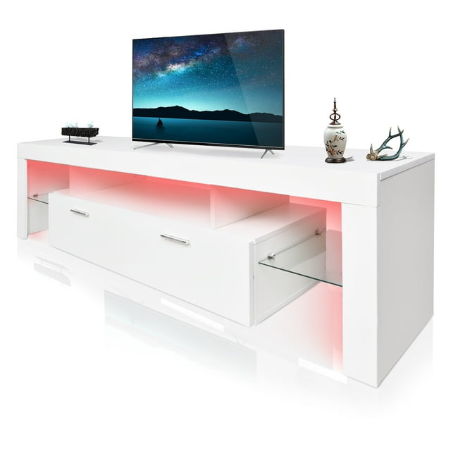 TV Stands for 70" TV, Modern TV Cabinet with LED Lights, Living Room Entertainment Center TV Console Table with Drawers Storage and Shelves, White
