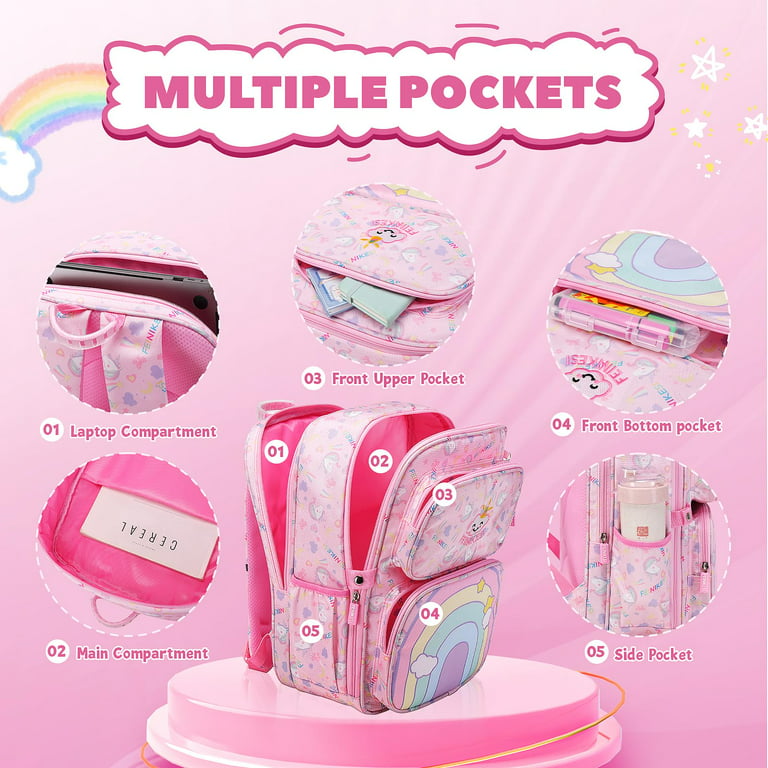 Tyethy Girls Backpack Cute Rainbow School Bag Large Multi-pockets Kids School Backpack Bookbag for Children, Pink