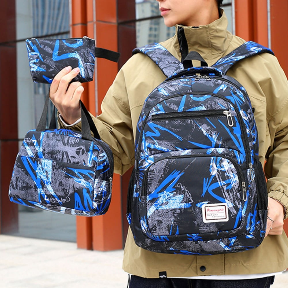 Tyethy School Backpack Adorable Printed Kids School Bag Set with Lunch Box Pencil Bag for Girls, Blue