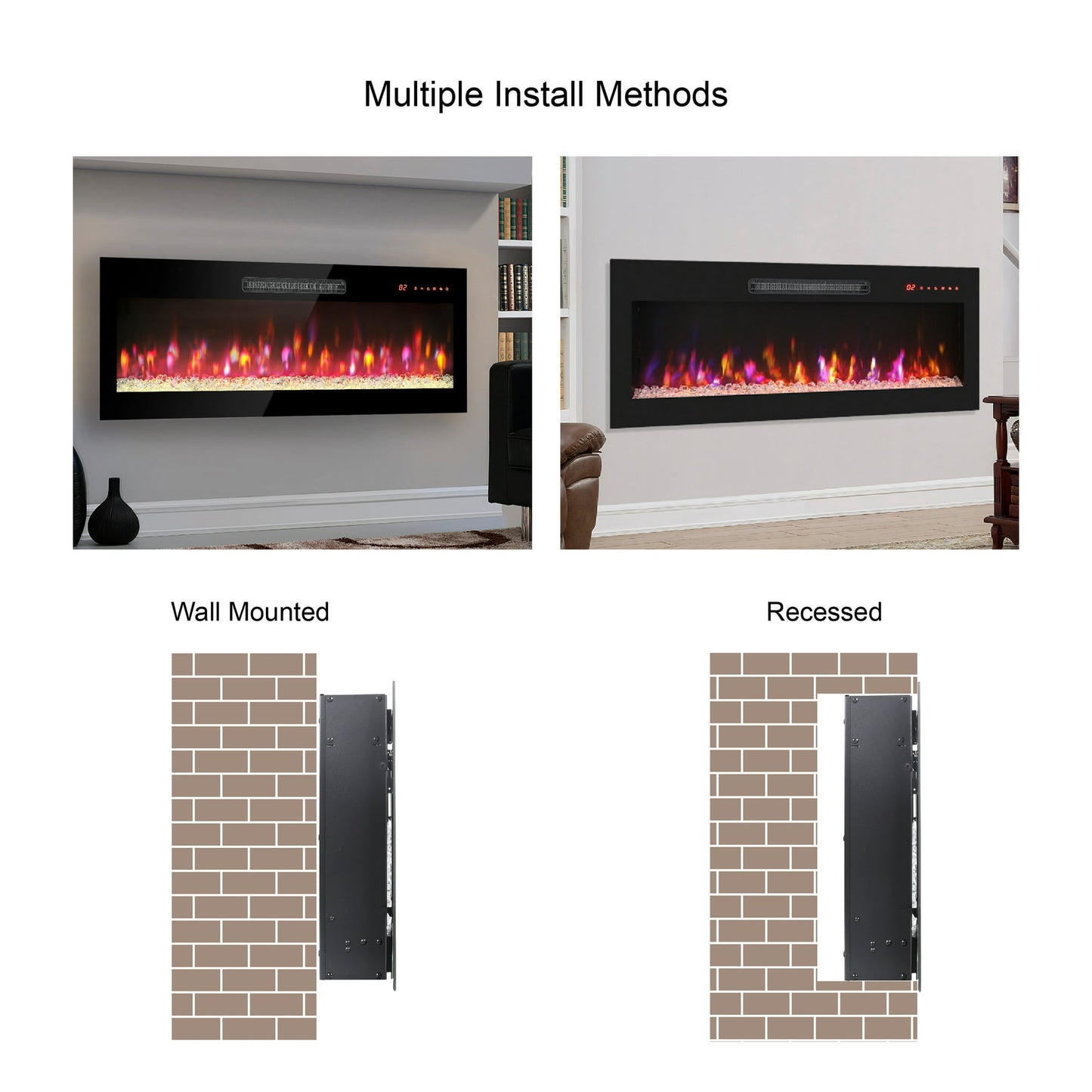 Electric Fireplace, 60" Recessed and Wall Mounted Electric Fire Place Heater, 1400W Ultra Thin Linear Fireplace with Timer, Remote Control, Adjustable Flame Color
