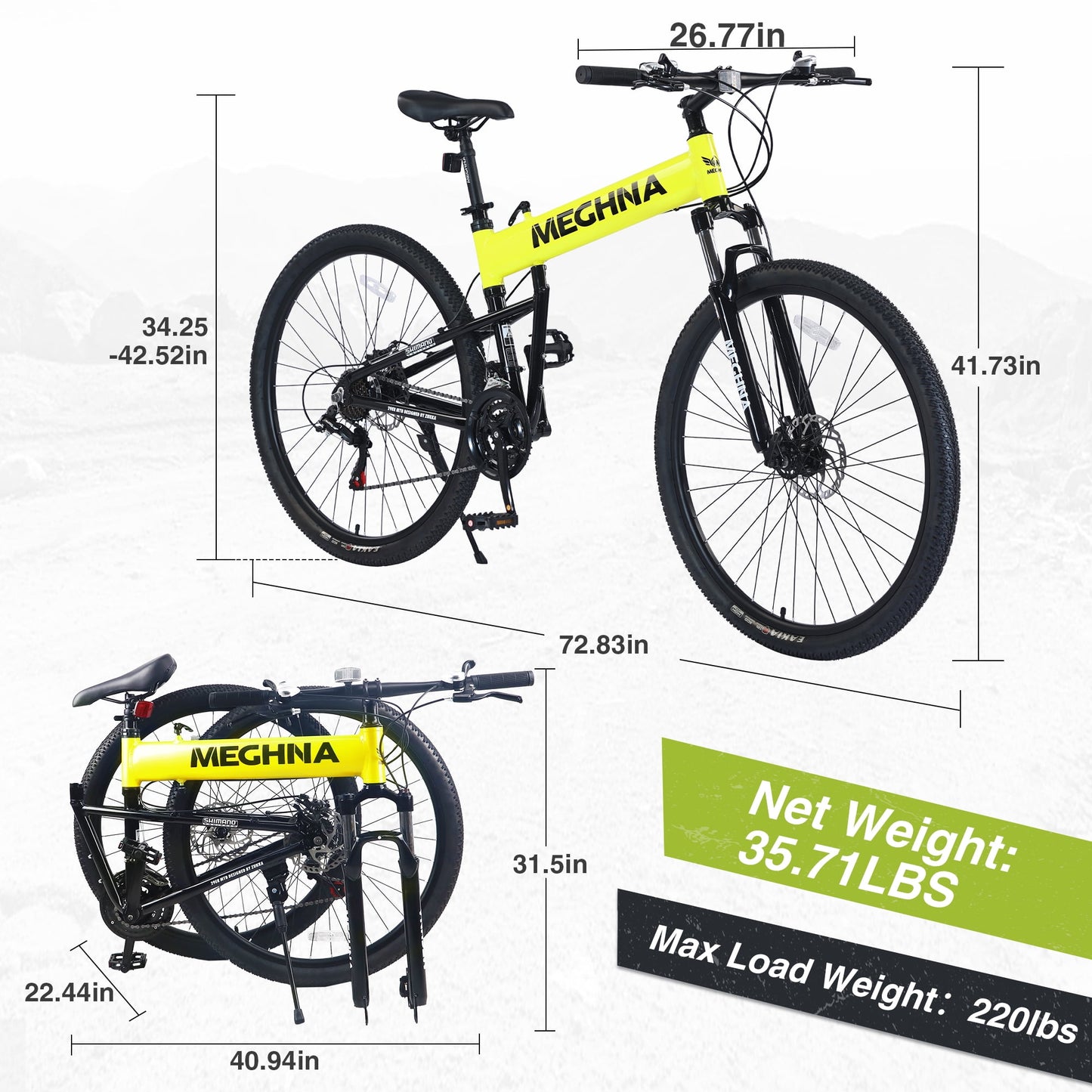 29" Folding Mountain Bike 21 Speeds Adults Bike Aluminium Alloy Frame Men's Bike with Suspension Fork, Yellow
