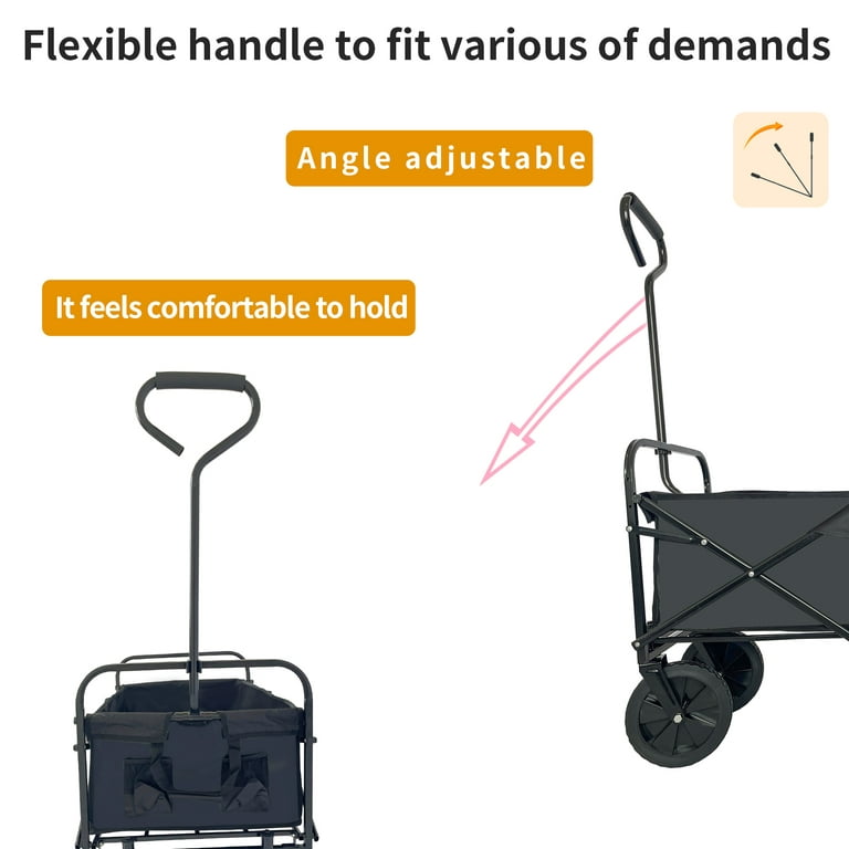 Collapsible Folding Wagon Outdoor Utility Wagon with Canopy ans Storage Basket, Push Pull Beach Wagon Cart for Camping, Garden, and Sports, Navy Blue