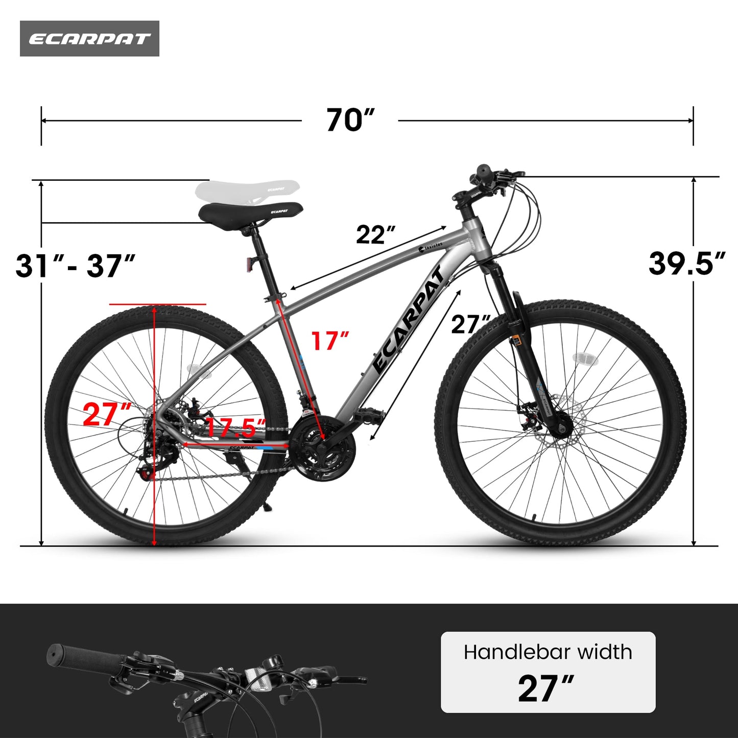 Tyethy 27 inch Mountain Bike for Men ,21 Speeds Adlut Bike Bicycles Aluminum Frame Disc-Brake ,Gray