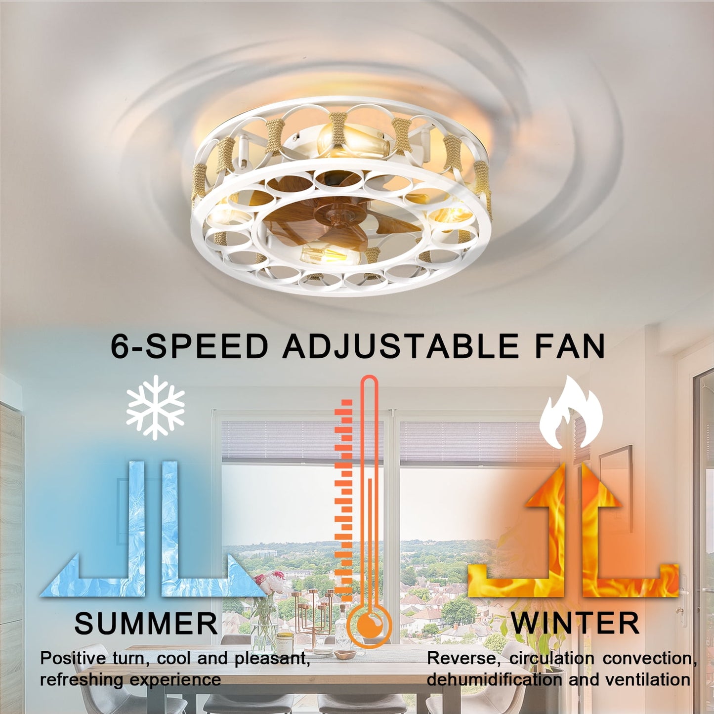 Ceiling Fan with Light and Remote Control, Flush Mount Ceiling Fan, Indoor Retro Low Profile Caged Ceiling Fan with 5 Bulbs for Living Room, Bedroom, Kitchen