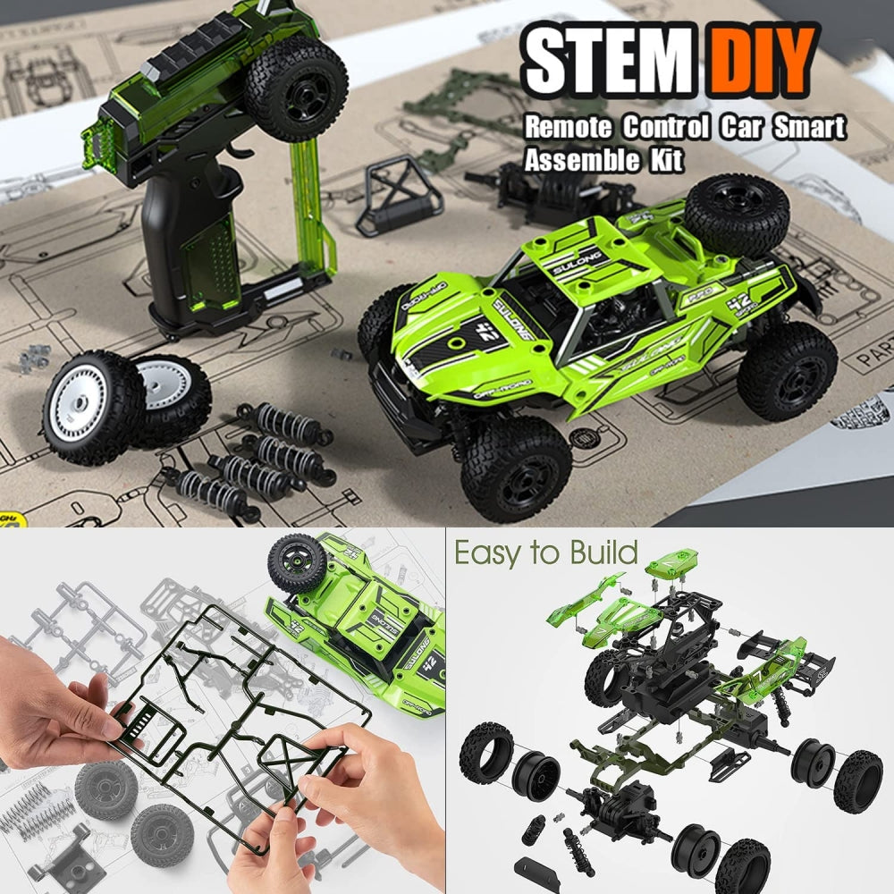 2.4GHZ RC Cars for Boys, High Speed 4WD Off-Road Car, DIY Building RC Car Kits, Model Car Kits, Educational Block Toy Gift for 6+ Boys & Girls , Green