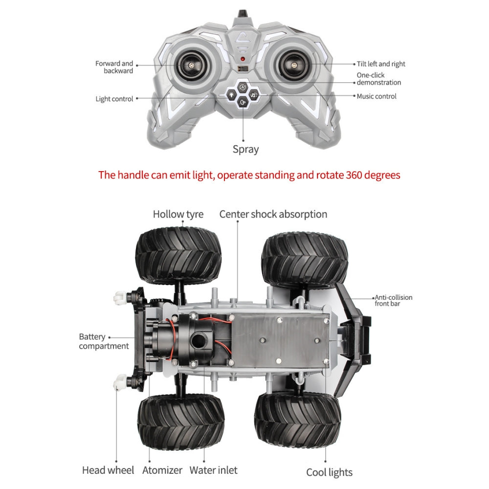 Remote Control Car 4WD Off Road Truck Car , RC Stunt Car, 360° Flips Rotating Car Toys with Spray Function, LED Lights, Ideal Birthday for 4+ Year Old Kids