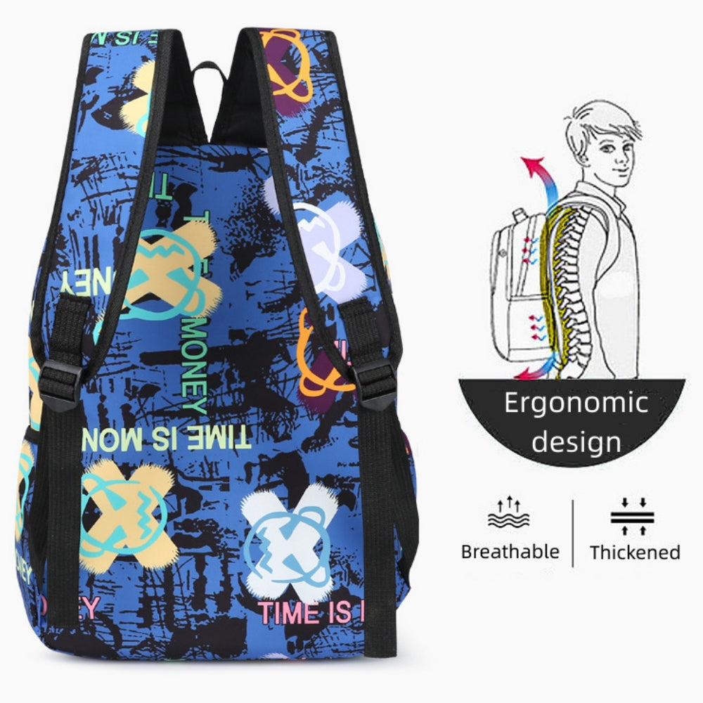 Kids Backpack Set, Graffiti-printed School Bag for Teens Boys and Girls, Elementary Middle School Bookbag Set with Crossbody Bag and Pencil Case, Blue