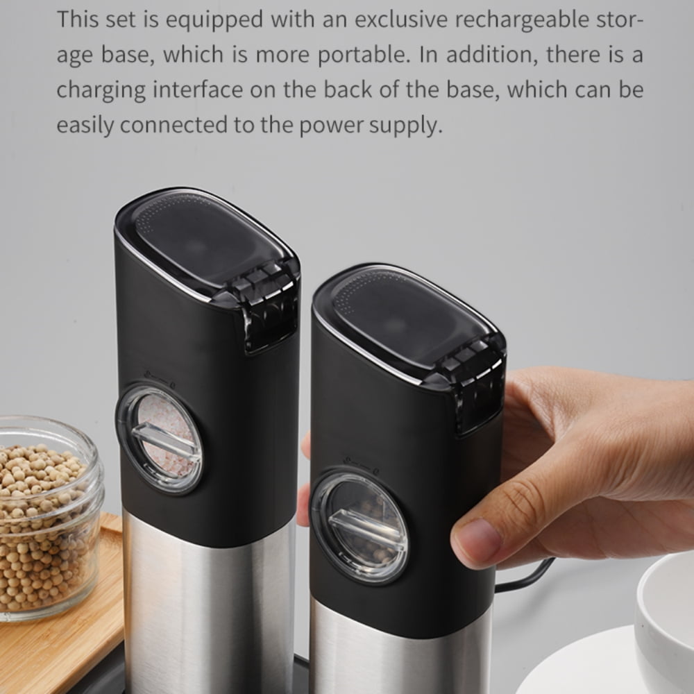 Rechargeable Electric Salt and Pepper Grinder Sets with Charging Base, Stainless Steel Pepper Grinder with Rechargeable Batteries, Salt Grinder with Adjustable Coarseness