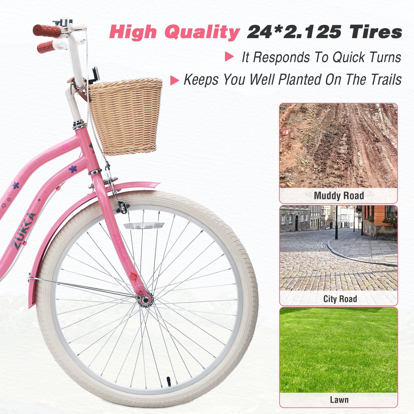 Tyethy Women Bike 24" Single Speed City Comfort Bicycle with Basket for 14+ , Pink