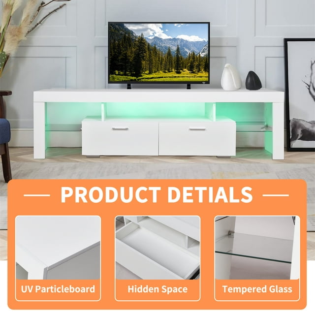 TV Stands for 70" TV, Modern TV Cabinet with LED Lights, Living Room Entertainment Center TV Console Table with Drawers Storage and Shelves, White
