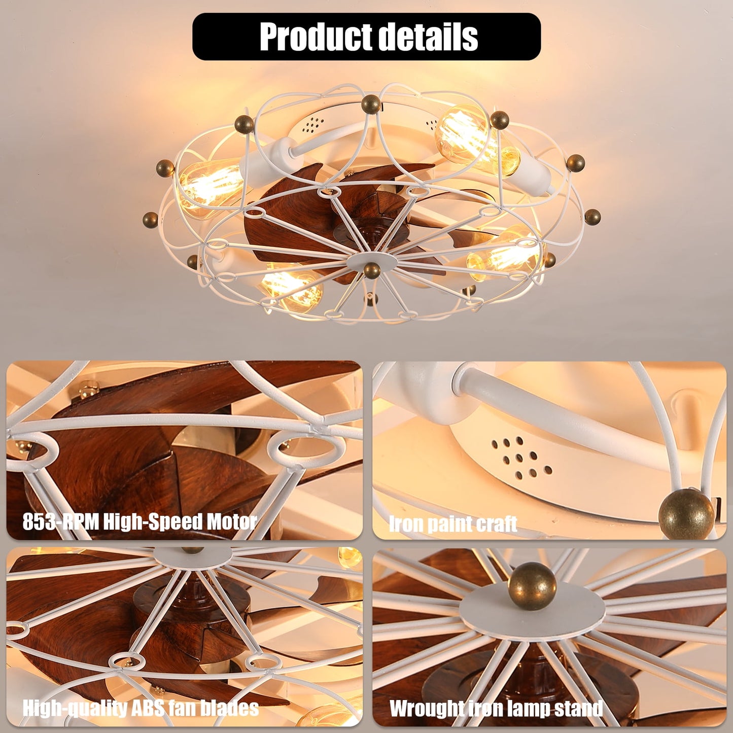 Low Profile Caged Ceiling Fan with Lights Remote Control, Embedded Modern Industrial Farmhouse Ceiling Fan for Bedroom, Kitchen, White