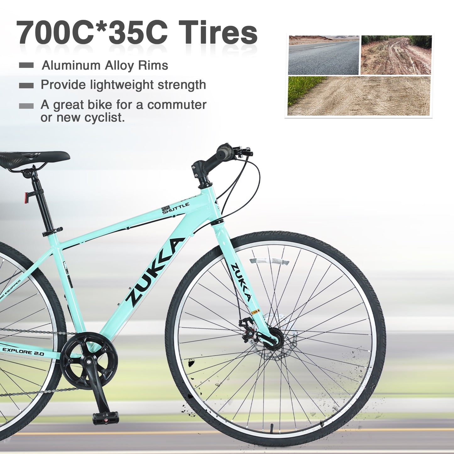 Adults Hybrid Bike 700C 7 Speeds Road Bike Aluminum Frame City Bicycle for Men Women, Light Green