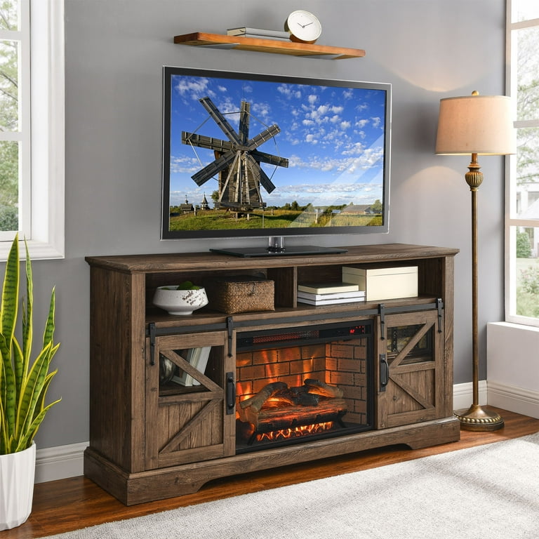 Fireplace TV Stand for TVs up to 70", 60" Entertainment Center with 26" Electric Fireplace, Modern Media TV Console with Storage Cabinet and Door Sensor, Brown