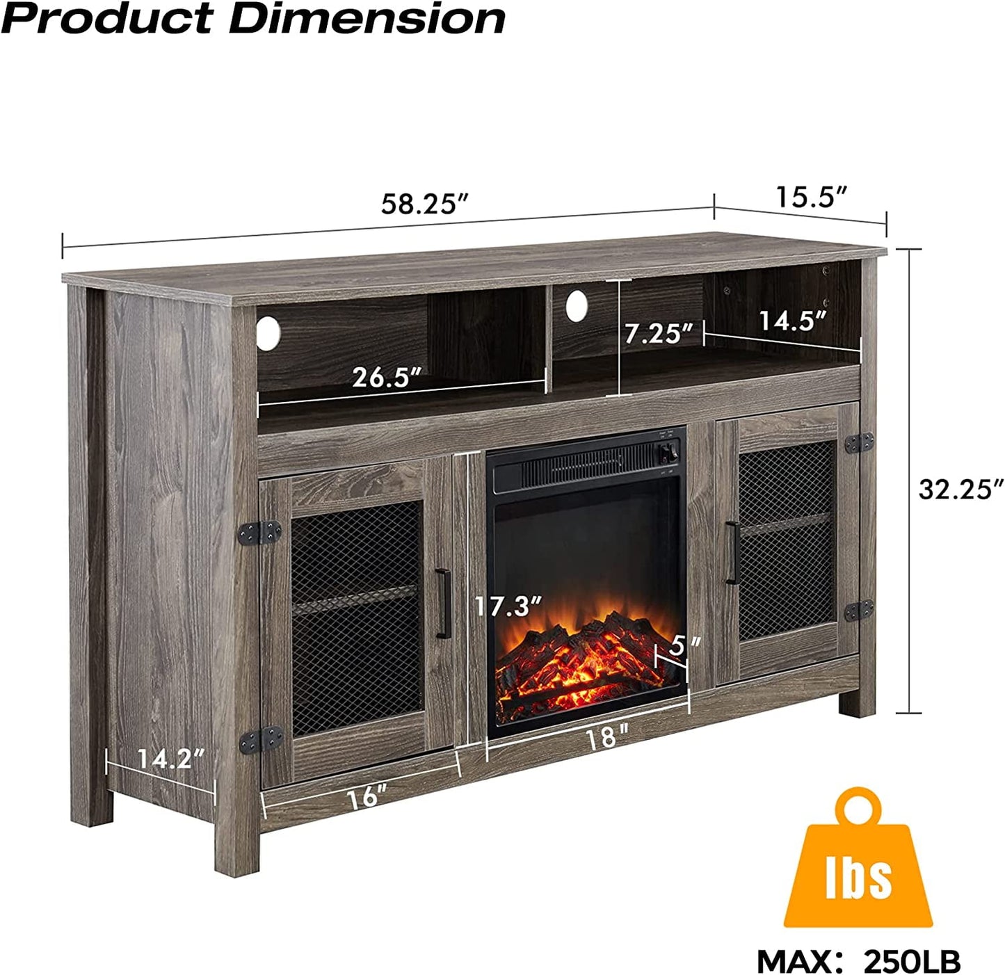 Fireplace TV Stand for TVs up to 65", Modern Farmhouse Entertainment Center with Electric Fireplace Inserts Storage Cabinet and Adjustable Shelves for Living Room, Gray