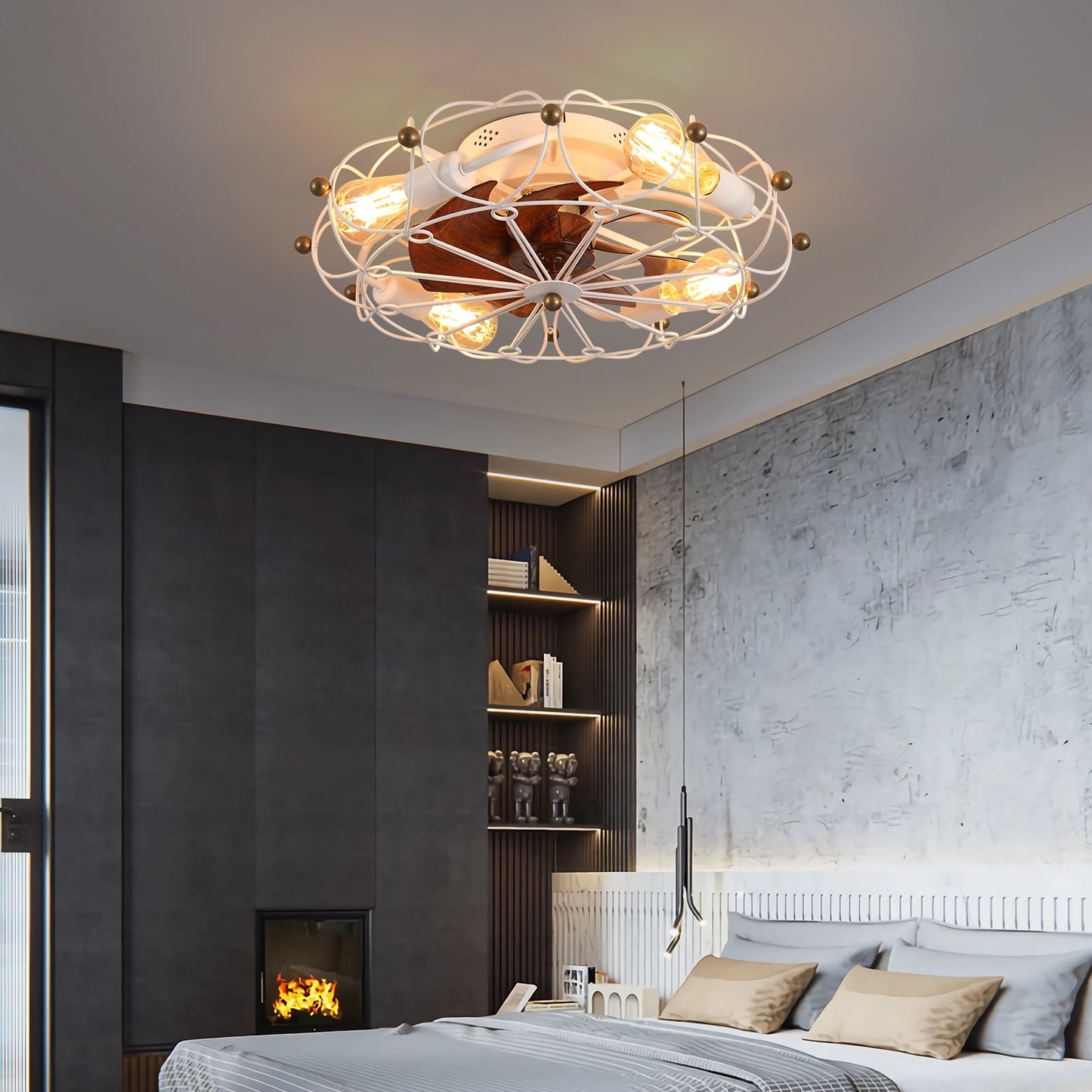 Low Profile Caged Ceiling Fan with Lights Remote Control, Embedded Modern Industrial Farmhouse Ceiling Fan for Bedroom, Kitchen, White