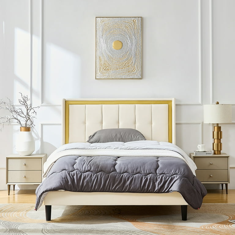Queen Size Bed Frame Upholstered Platform Bed Frame with Headboard and Strong Wooden Slats, Easy Assembly, No Box Spring Needed, Beige