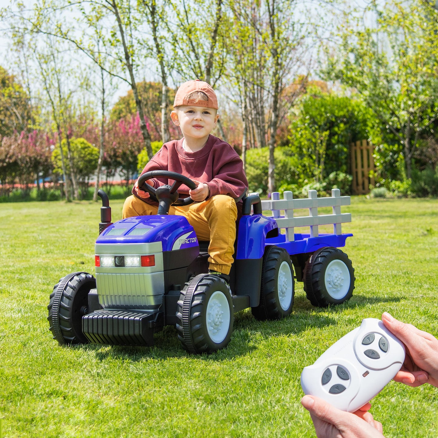 12V Ride on Toys Remote Control Electric Kids Ride on Tractor with Trailer LED Headlights for Toddlers Boys Girls Ages 3-6, Blue