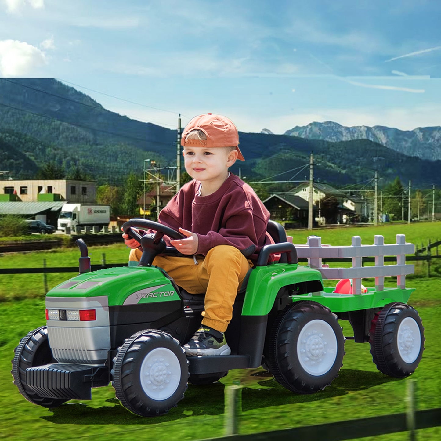 12V Ride on Toys Remote Control Electric Kids Ride on Tractor with Trailer LED Headlights for Toddlers Boys Girls Ages 3-6, Blue