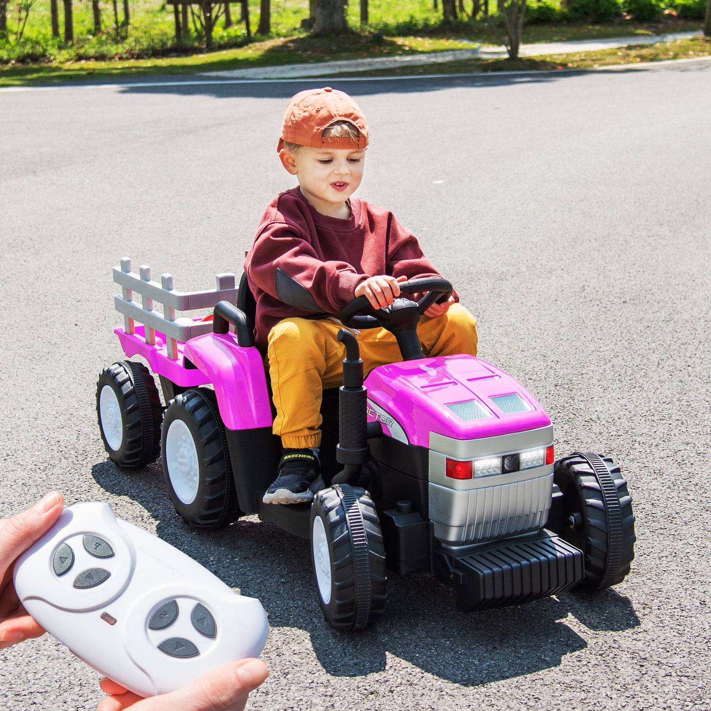 12V Ride on Toys Remote Control Electric Kids Ride on Tractor with Trailer LED Headlights for Toddlers Boys Girls Ages 3-6, Blue