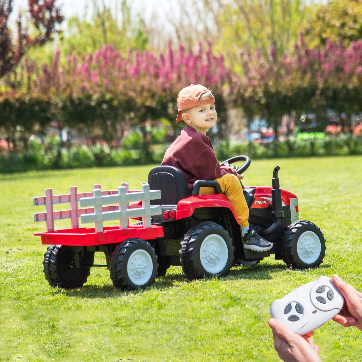 12V Ride on Toys Remote Control Electric Kids Ride on Tractor with Trailer LED Headlights for Toddlers Boys Girls Ages 3-6, Blue