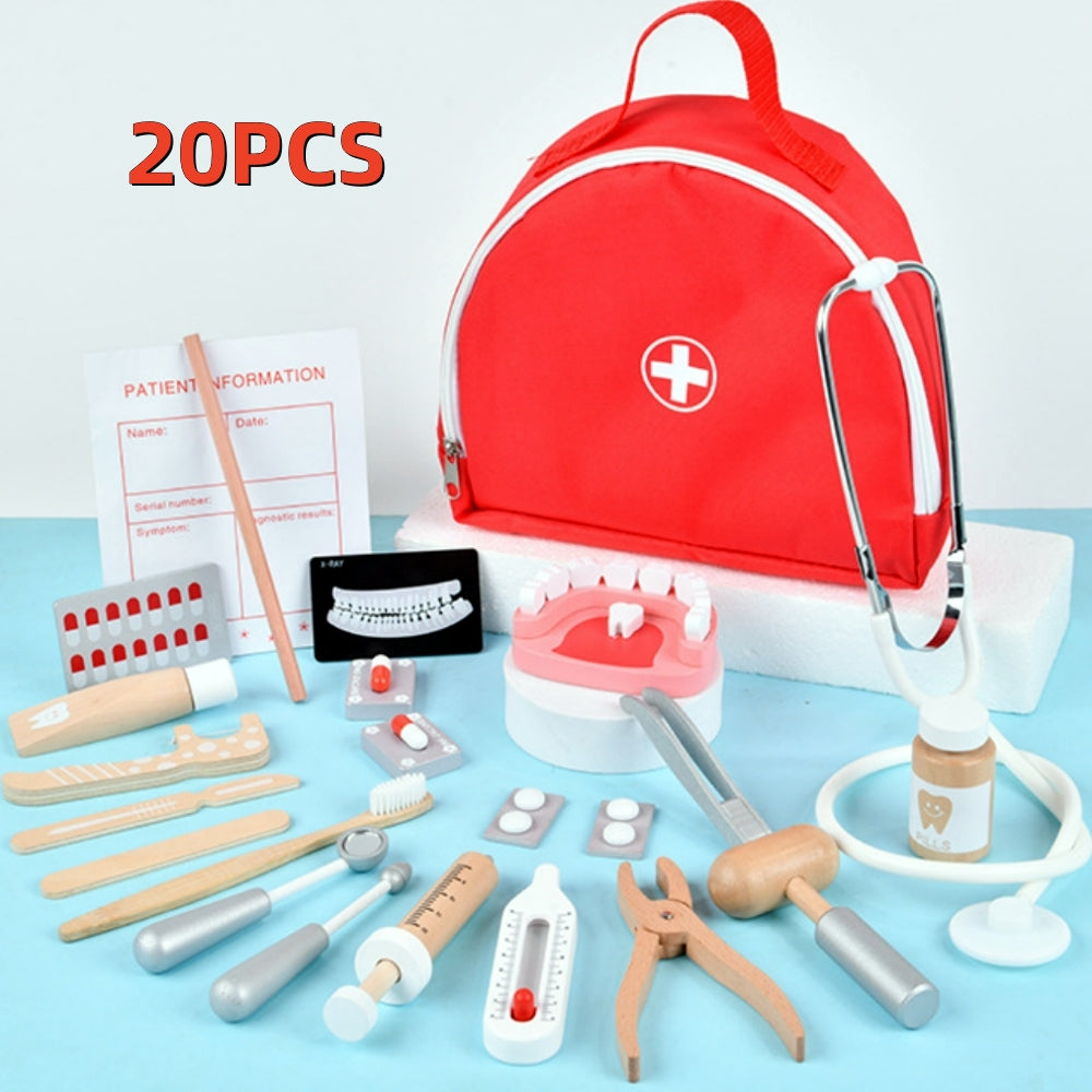 Tyethy 25 Pcs Doctor Kit for Kids, Wooden Pretend Playset Medical Kit Toys with Bag for 3-8 Toddlers, Role Playing Gift