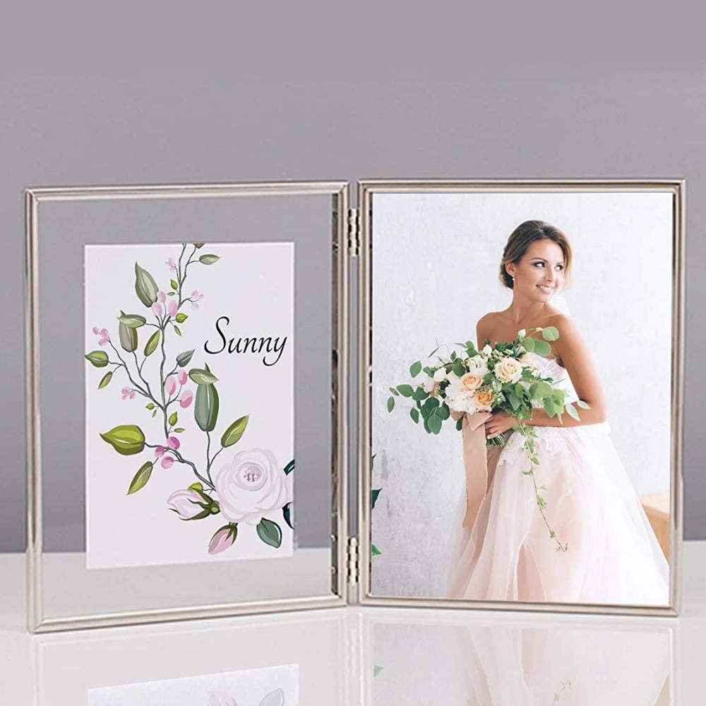 4x6 Picture Frame Double Hinged Metal Picture Frames with High Definition Glass, Opening Folding Vertical Stand Tabletop Photo Frames, Silver