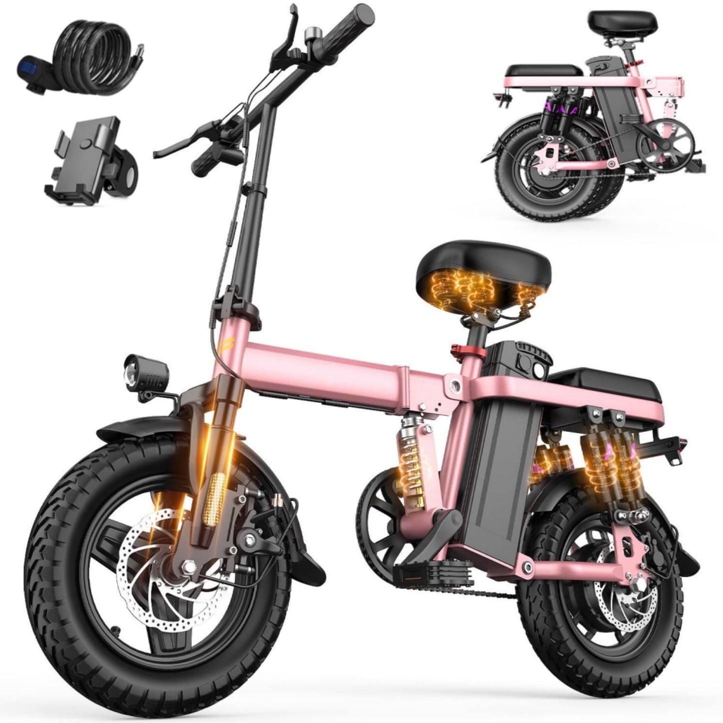 14" Foldable Adult Electric Bike with 48V 15Ah Removable Battery, Electric Bicycle E-bike up to 35 miles for Women, Pink