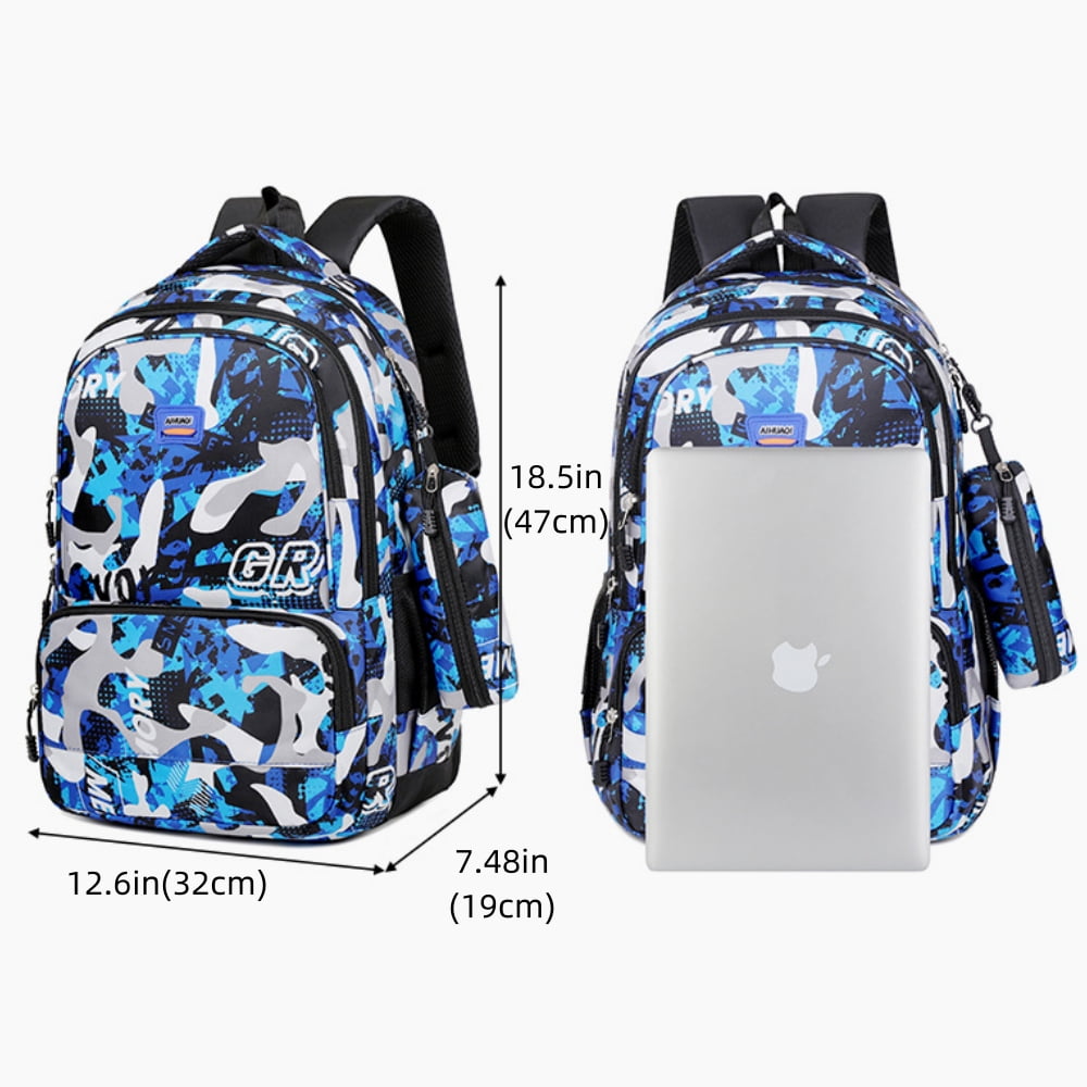 Tyethy Boys School Bags for Kids Printed School Backpack 15.6-inch Large Bookbag with Pencil Bag for Elementary Students, Blue