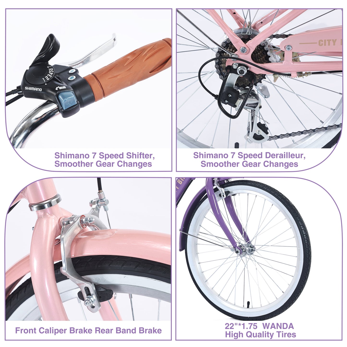 22" Girls Bike 7 Speed Aluminium Alloy Frame Kids Bicycle Cruiser Bike for Girls Women Ages 8+, Purple
