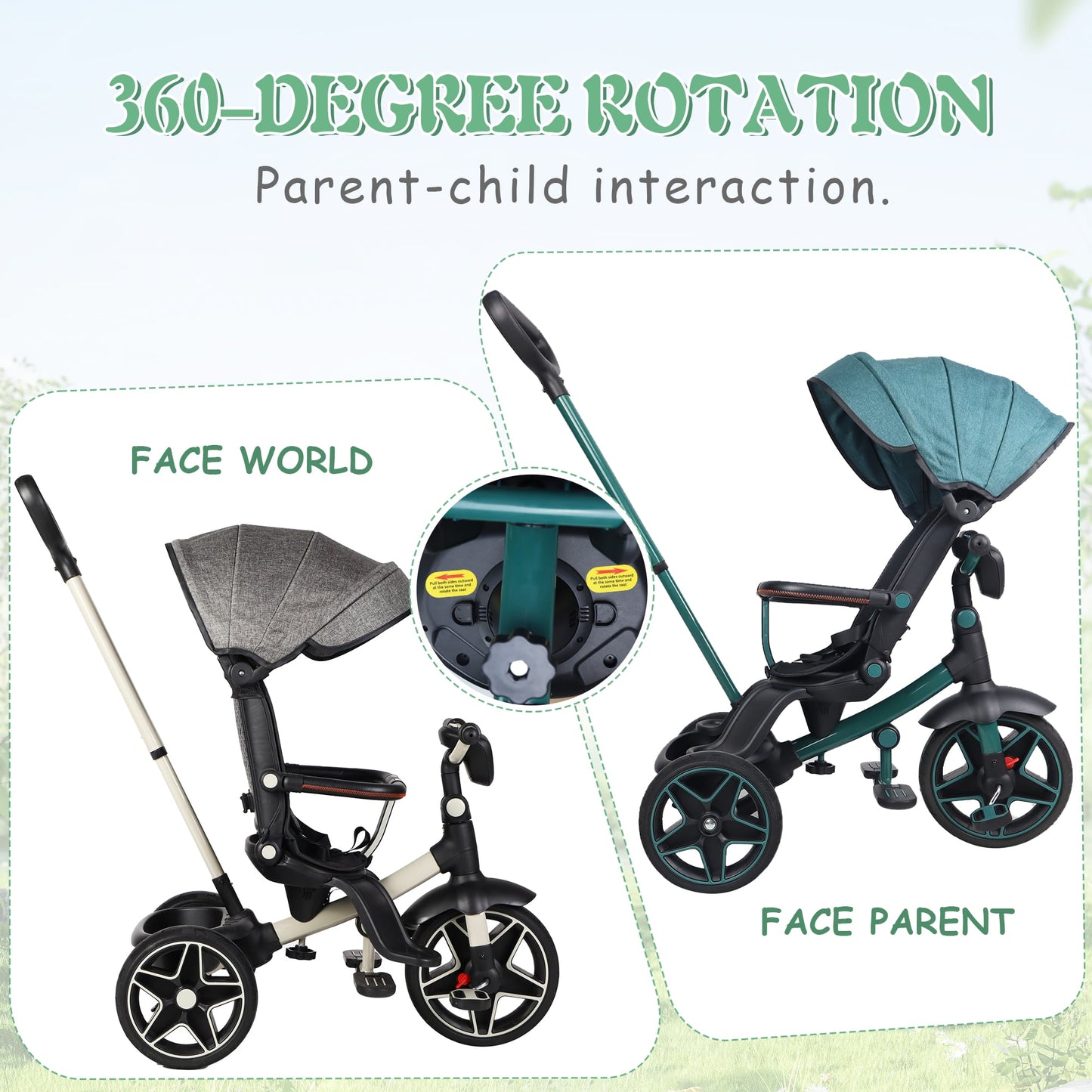 6-In-1 Kids Tricycle Baby Stroller with 360° Rotating Seat, Toddler Trike for 18M to 6Y Boys Girls, Gray